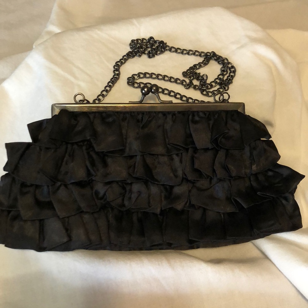 (3/$15) Black satin ruffle clutch/shoulder bag